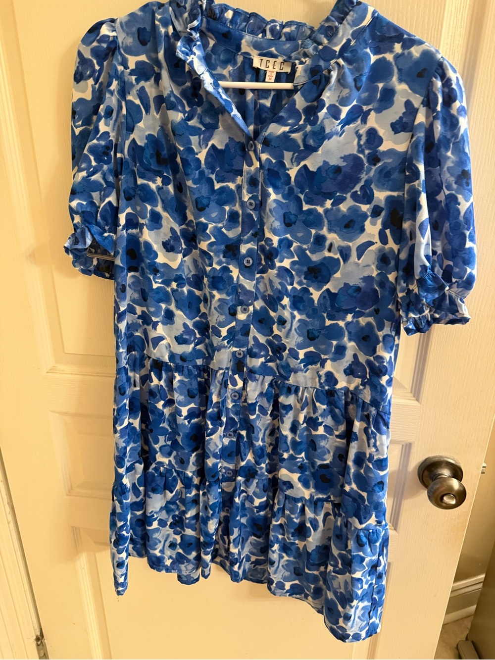 TCEC Blue Watercolor Floral Tiered Button Dress